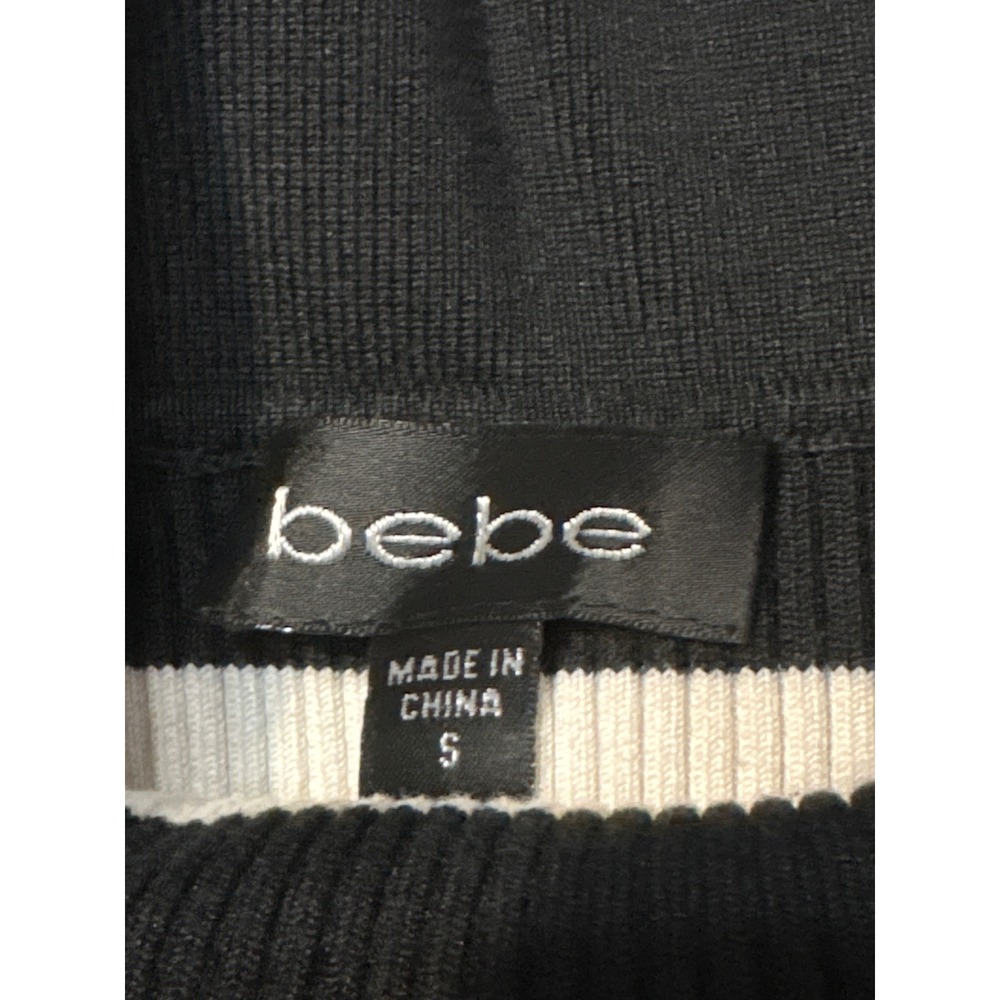 Bebe Silk Blend Striped Choker Neck Ribbed Knit Top Black White Small - Picture 4 of 8
